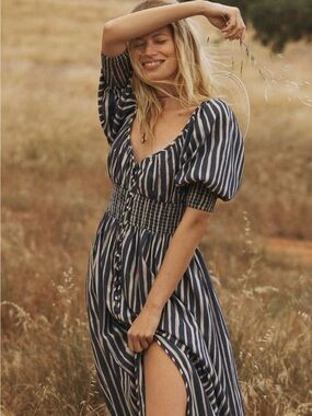 Anthropologie Navy and White Striped Puff-Sleeve Maxi Dress